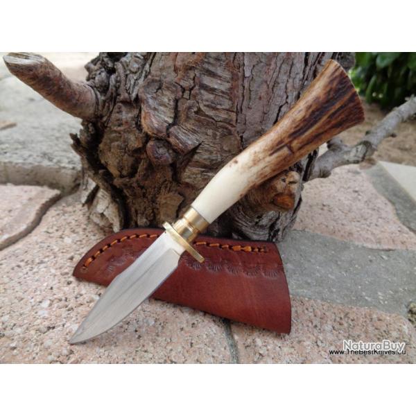 Lot de 3 Couteaux Kiridashi Lame Inox Manche Bois de Chevreuil Etui Cuir Fabric Artisanale SS7023 -