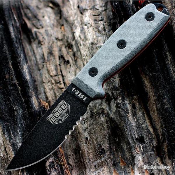 Couteau ESEE Model 3 Acier Carbone 1095 Combo Edge Made USA Etui + Molle + Clip  ES3SBMB
