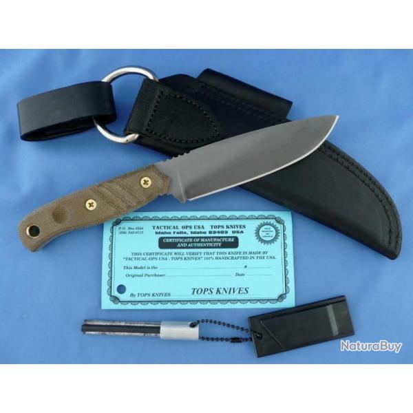 Couteau Tops Knives Baja 4.5 Acier Carbone 1095 Etui Cuir + Sifflet + Fire Start Made USA TPBAJA45