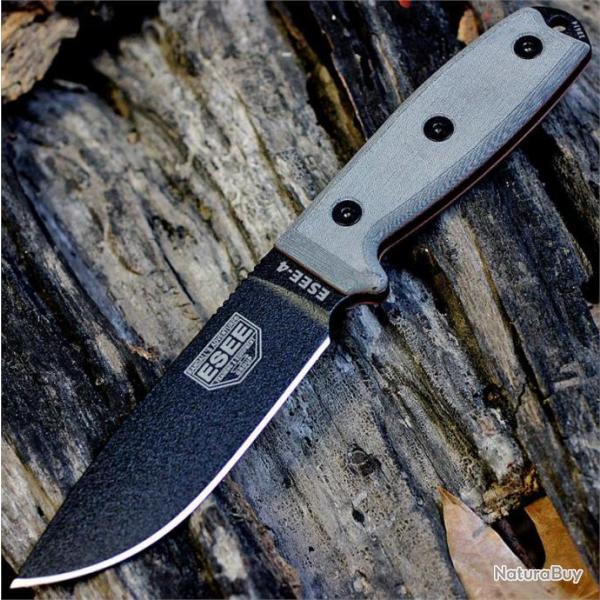 Couteau Esee Model 4 Acier 440C Manche Micarta Etui Molted Plastic + Clip Made In USA ES4PB