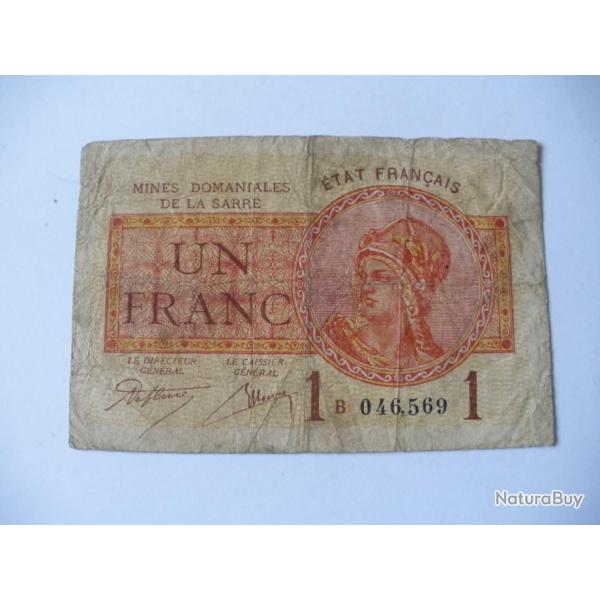 BILLET 1 F MINE DE LA SARRE OCCUPATION FRANCAISE SERIE B