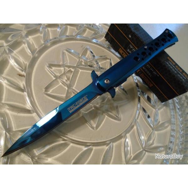 Couteau Stiletto Tac-Force A/O Bleu Lame Acier 440 Titane Manche Acier Linerlock TF884BL