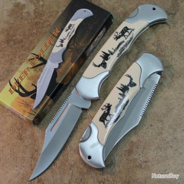 Lot de 3 Couteaux Deer Lockback Lame Acier Inox Manche Abs d�cor Cerf CN211163DE