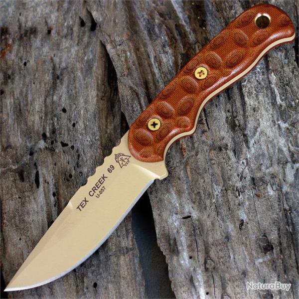 Couteau Bushcraft Tops Tex Creek 69 Acier Carbone 1095 Manche Micarta Etui Cuir Sifflet USA TPTEX69