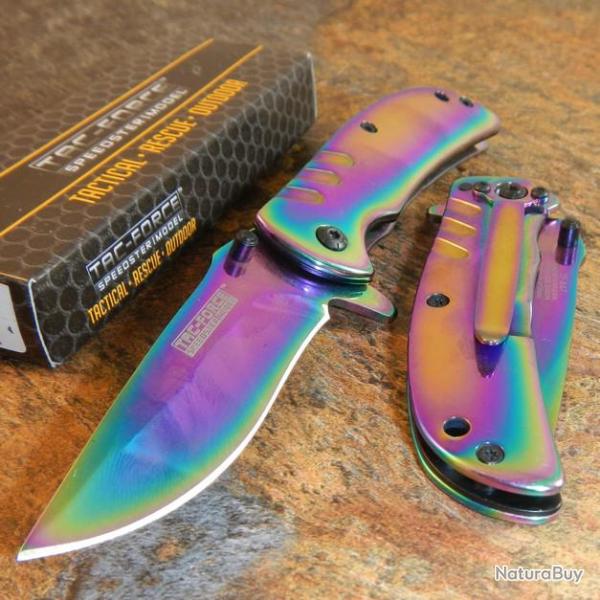 Lot de 3 Couteau Tac Force Framelock A/O Rainbow Lame & Manche Acier Finition Titane TF847RB