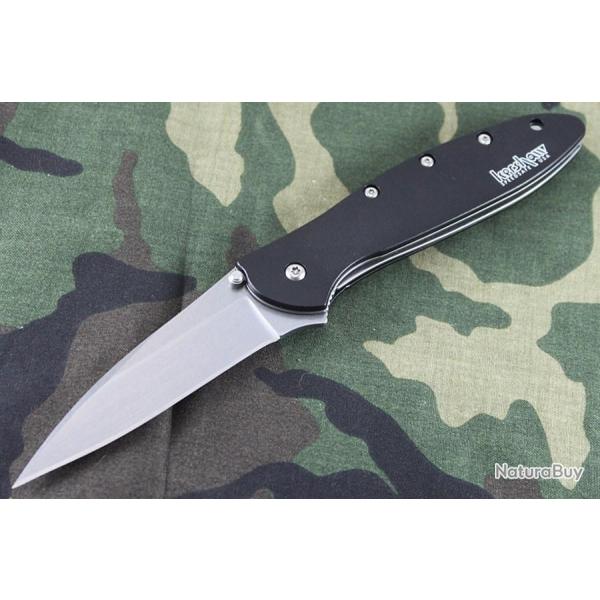 Couteau Kershaw Leek A/O Lame Acier 14C28N Stonewash Manche Aluminium 6061-T6 Made USA KS1660SWBLK