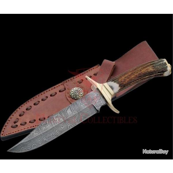 Couteau BOWIE Lame DAMAS 128 Couches Manche BOIS DE CERF Etui CUir DM1009