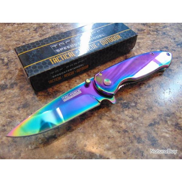 Lot de 3 Couteaux Tac Force Framelock Rainbow A/O Lame Acier 440 Manche Acier Rainbow TF862RB