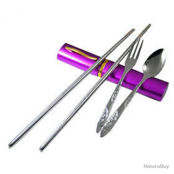 Jeu 3 Couverts de voyage en Acier Inoxydable Baguettes Cuillre Fourchette