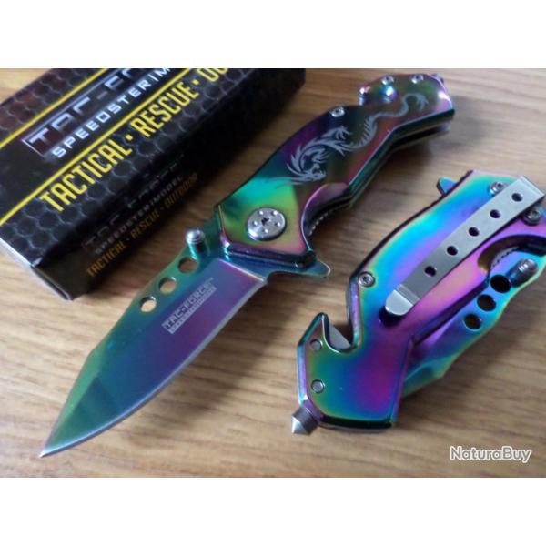 Couteau Tac Force Dragon Rainbow Acier Carbone/Inox Manche Alu Rainbow Cutter & Brise Vitres TF759RB