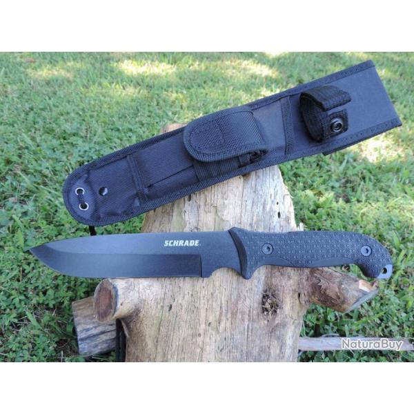 Couteau Bushcraft Schrade Frontier Black TPE Carbone 1095 Manche TPE Etui Nylon SCHF52