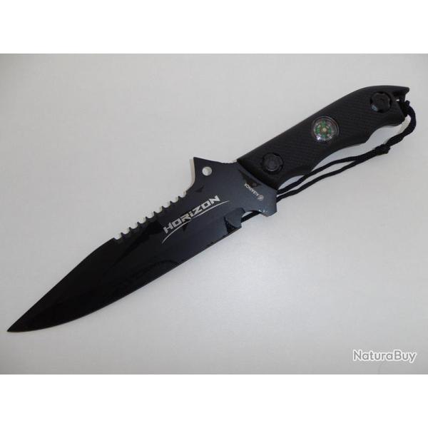 Combat avec Couteau Tactique HORIZON Noir de 29 cm avec Boussole et tui pour ceinture