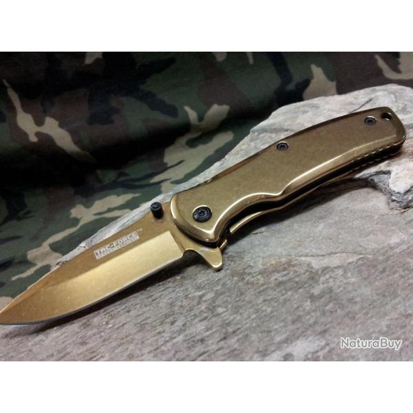 Lot de 3 Couteaux Tac Force Framelock A/O Gold Lame Acier 440 Manche Acier TF848GD