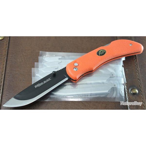 Couteau Outdoor Edge Razor-Blaze Lame Acier Carbone/Inox Manche Kraton Orange OERB20