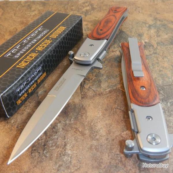 Lot de Couteaux 3 Stiletto Tac Folder A/O Lame Acier Carbone/Inox Manche Bois TF428W