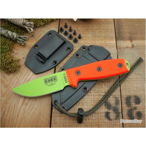 Couteau ESEE Model 3 Venom Green Carbone 1095 Manche G-10 Etui Kydex Made USA ES3PMVG
