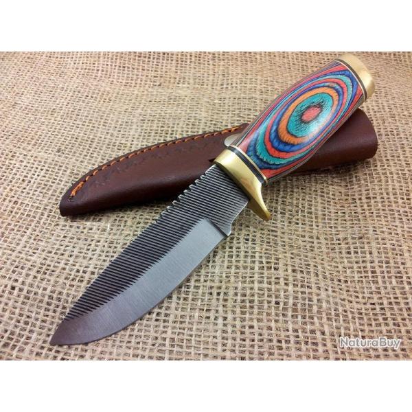 Couteau de Chasse Fabrication Artisanale � partir d'une Scie Manche Bois Etui Cuir SM1