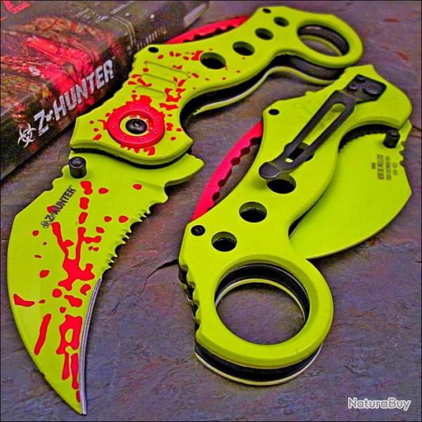 Couteau Karambit Chasseur de Zombie A/O Lame Acier 440 Serrat Manche Alu ZB051GR