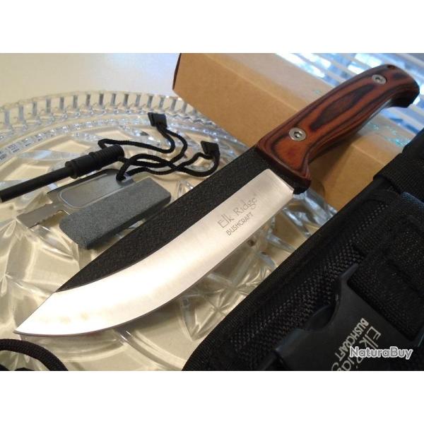 Couteau Elk Ridge Bushcraft Lame Acier 440 Manche Bois Etui Nylon Affuteur Fire Starter ER555PW
