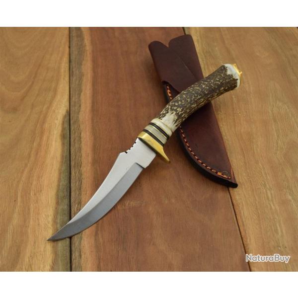 Couteau Skinner Lame Acier Carbone/Inox Manche Bois De Cerf Etui Cuir SS7002