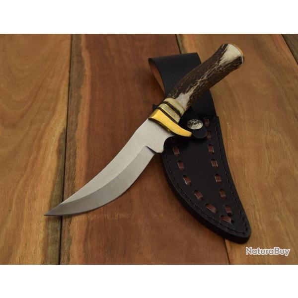 Couteau Bowie de Chasse Mountain Hunter Lame Acier Carbone/Inox Manche Bois De Cerf Etui Cuir SS7005