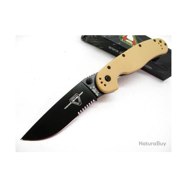 Couteau Ontario Rat 1 Desert Tan Acier AUS-8 Black Serr Manche Nylon Linerlock ON8847DT