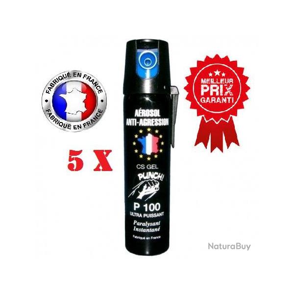 Lot 5 units Bombe lacrymogene anti agression CS GEL PUNCH P100 75ml