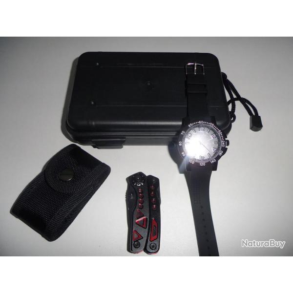 Coffret Pour chasseur avec Pince Multifonctions et Montre ( noir et rouge )