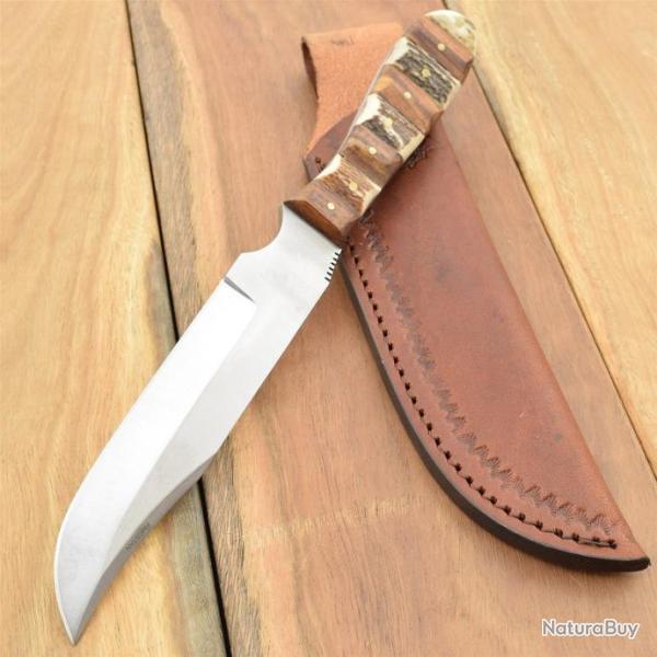 Couteau Fox-N-Hound Bushcraft Skinner Acier Inox Manche Bois & Bois de Cerf Etui Cuir FH622