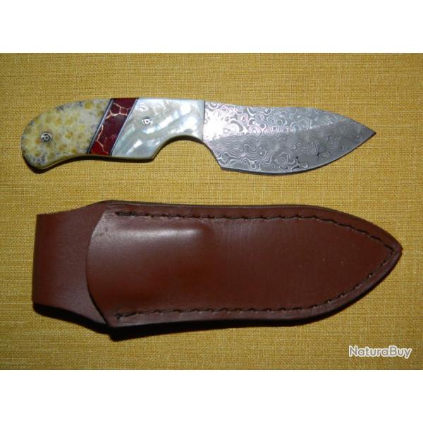 Couteau Hilmar mod�le unique San Mai manche nacre jaspe-or corail inserts argent