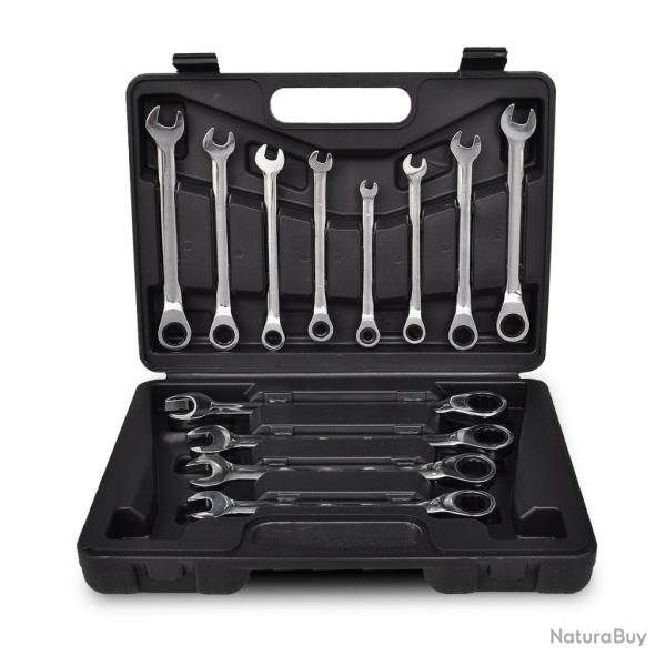 Malette jeu de 12 cl�s mixtes � cliquet outils garage atelier bricolage noir 3402056