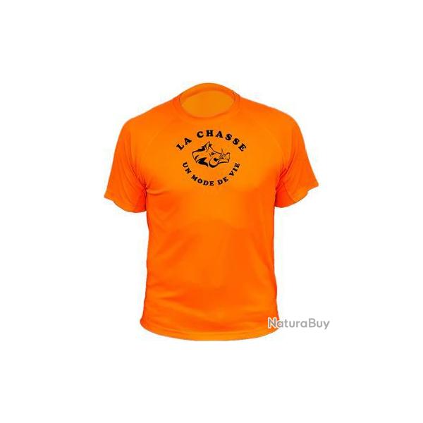 Tee-shirt technique respirant orange fluo 100% polyester "La chasse un mode de vie" sanglier