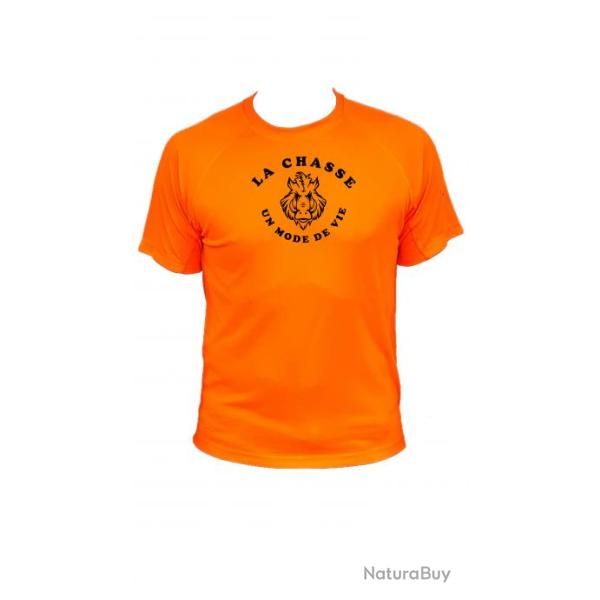 Tee-shirt technique respirant orange fluo 100% polyester "La chasse un mode de vie" t�te sanglier