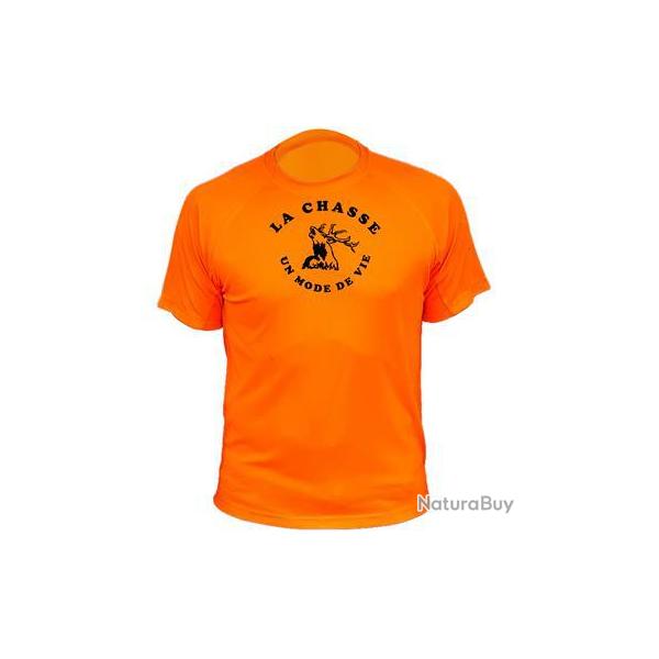 Tee-shirt technique respirant orange fluo 100% polyester "La chasse un mode de vie" t�te chevreuil