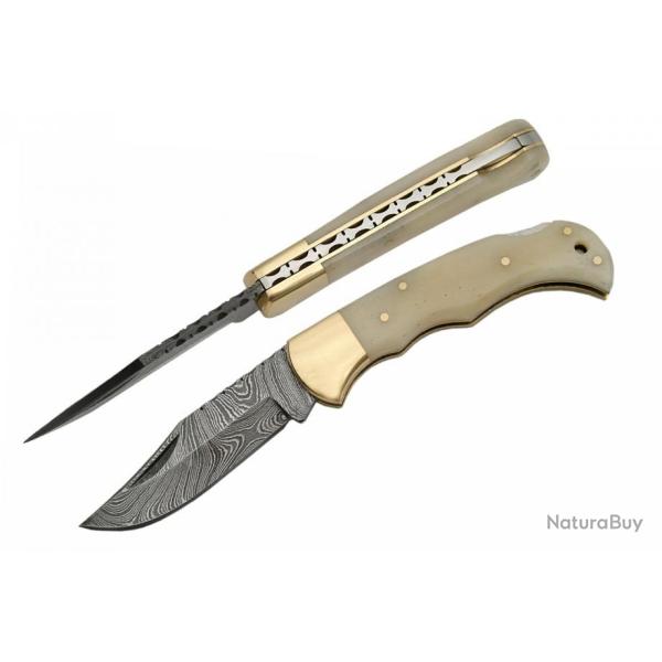 Couteau Damas Camel Bone Lockback Lame Damas 128 Couches Manche Os DM1110