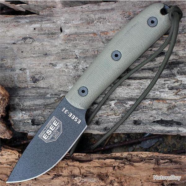 Couteau ESEE Model 3 Modified Handle Carbone 1095 Manche Micarta Etui Cuir Made USA ES3HM