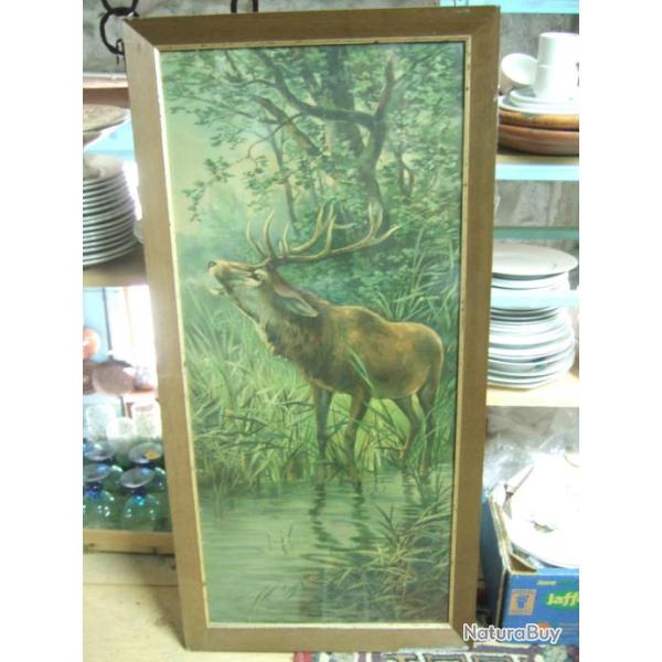 Reproduction d'un dessin encadr� repr�sentant un cerf au bord de l'eau