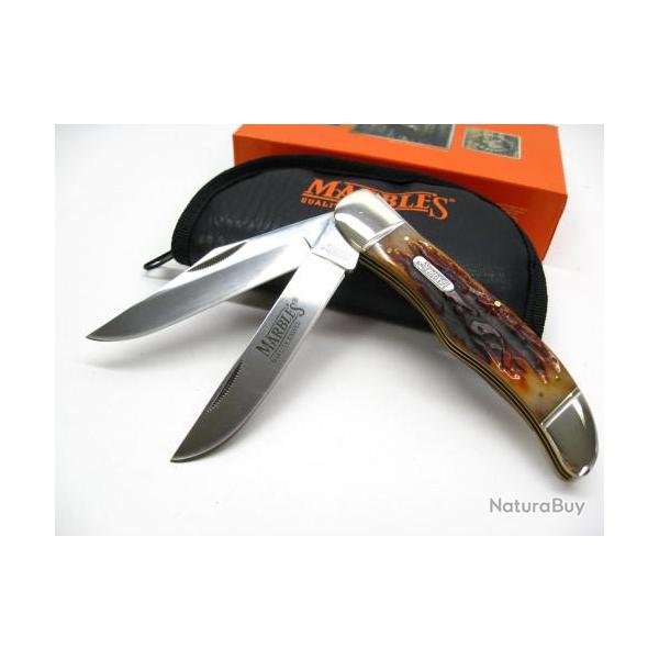 Couteau Marbles Folding Hunter 2 Lames Acier Carbone/Inox Manche Os Housse Collector MR118