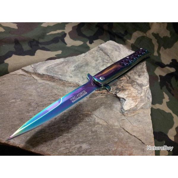 Couteau Stiletto Mafia Milano A/O Rainbow Acier Carbone/Inox Manche Acier TF884RB