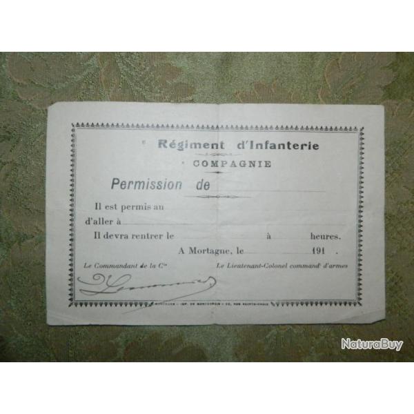 Bon de permission des ann�es 1910