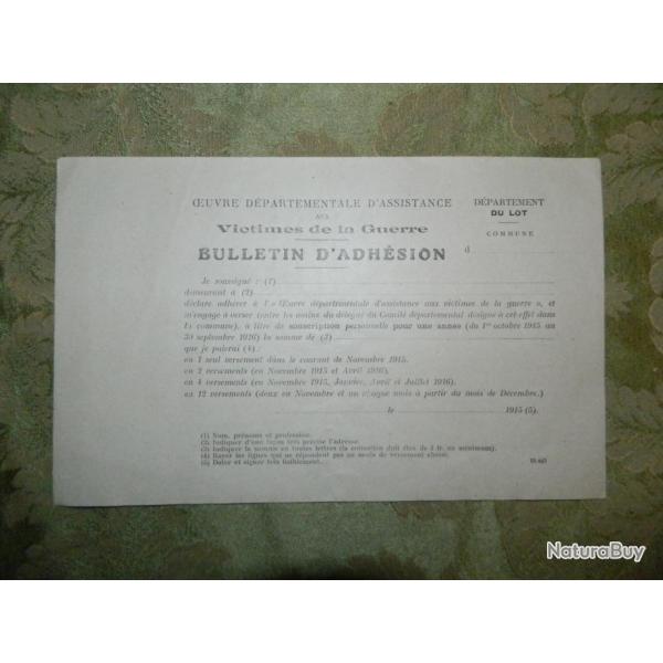 Bulletin d'adh�sion oeuvre d'assistance aux victimes de guerre 1915