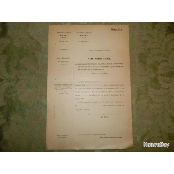 Avis individuel pour la rquisition de vin 1917