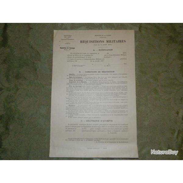 Notification pour la r�quisition militaire de fourrages 1917