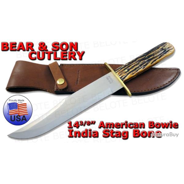 Couteau Bowie Bear & Son Lame Acier Carbone Manche Bois de Cerf Etui Cuir Made In USA BC502