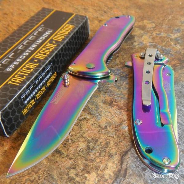 Lot de 3 Couteaux Tac Force A/O Lame Acier Rainbow Titane Manche Acier TF861RB