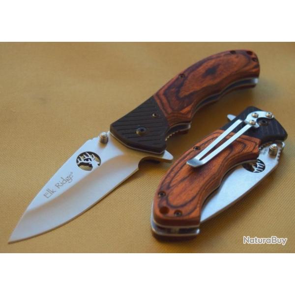 Couteau de Chasse Pliant Elk Ridge Lame Acier 440 Manche Bois & G-10 ER566SPW