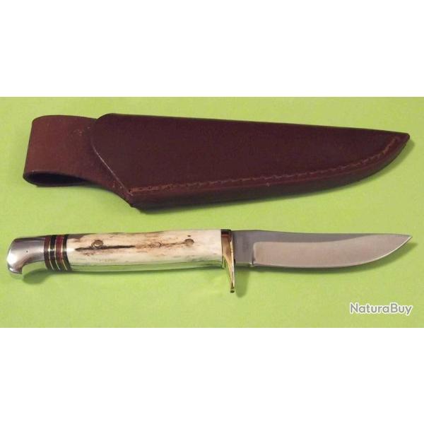 Couteau de Chasse Frost Lame Acier Carbone/Inox Manche Bois de Cerf Etui Cuir FTS179DS