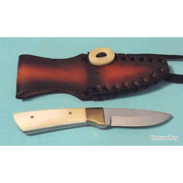 Couteau de Chasse Skinner Lame Acier Carbone/Inox Manche Os Etui Cuir PA7980