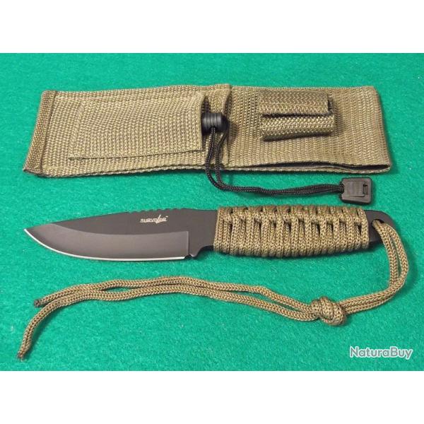 Lot de 3 Couteau de Survie + Allume Feu Acier Carbone/Inox Manche Paracorde Etui Nylon M4007