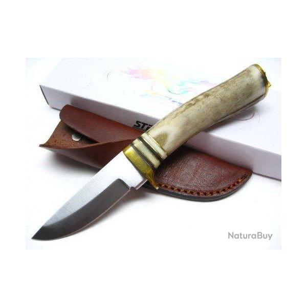 Couteau Steel Stag Whitetail Skinner Lame Acier Inox Manche Bois de Cerf Etui Cuir SS7003